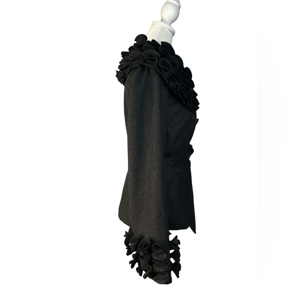 Feratelli Elegant Black Pea Coat with Ruffle Details - Picture 8 of 10